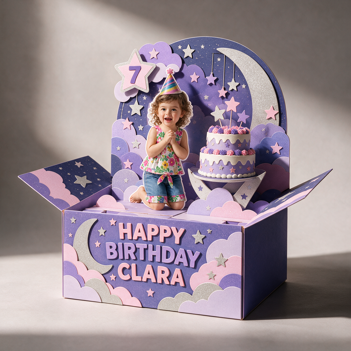 Personalisierte Pop-Up Box Karte mit Mond und Sternen - Geburtstagstorte mit Foto, Name und Alter