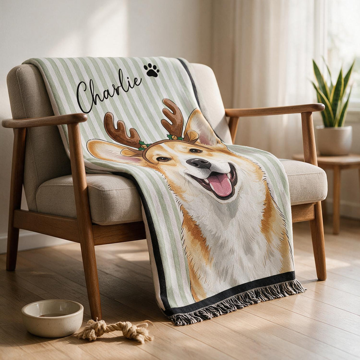 Couverture tissée rayée en Corgi Renne souriant personnalisée, cadeau portrait d'animal