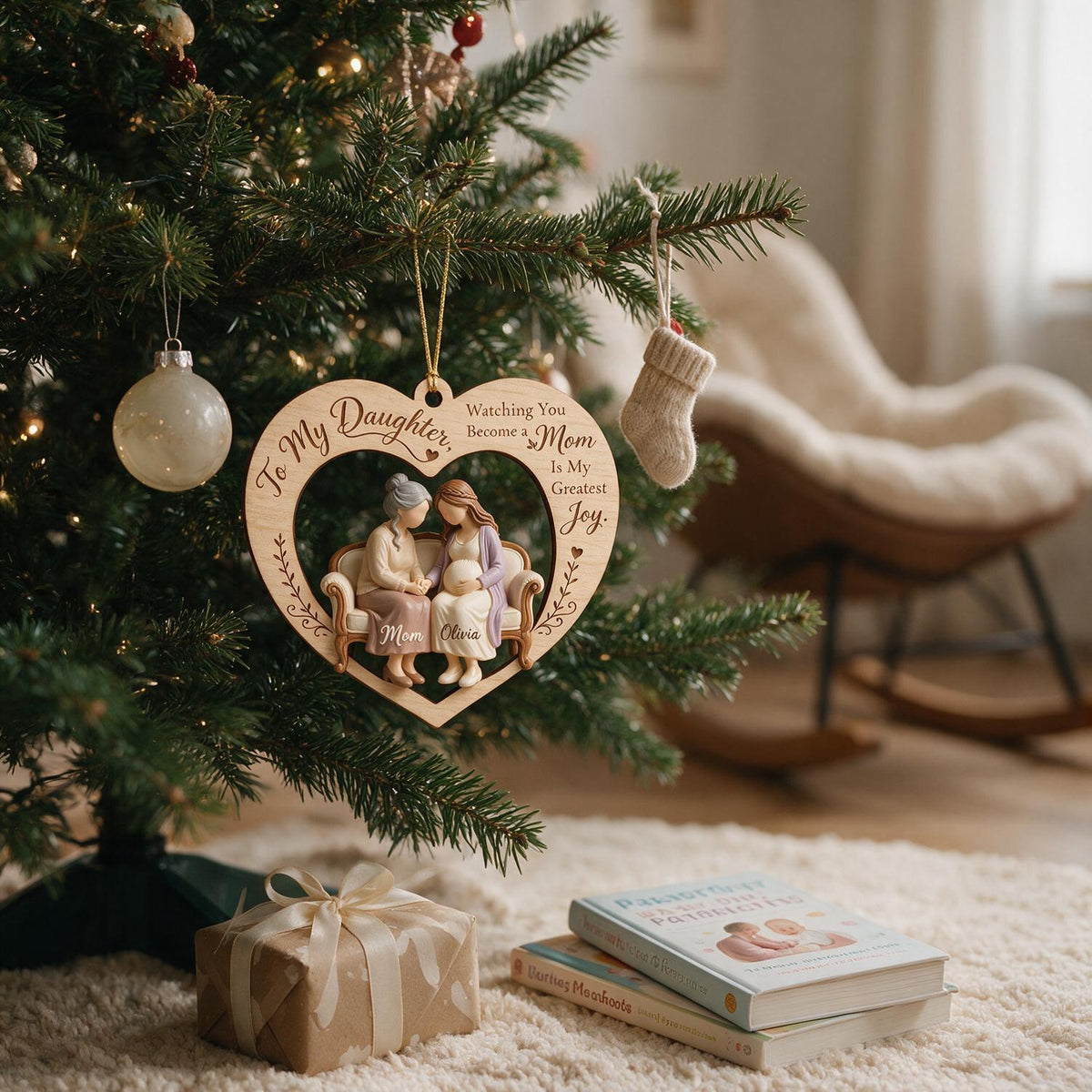 Ornement en Bois Cœur Personnalisé pour Maman et Fille Attendue - Cadeau pour Nouvelle Maman