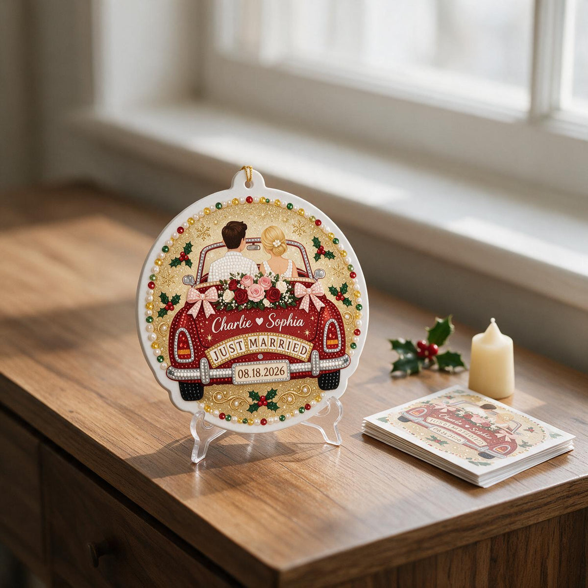 Personalisierte Weihnachts Just Married Hochzeitsauto Paar Acryl Ornament Geschenk für Neuvermählte