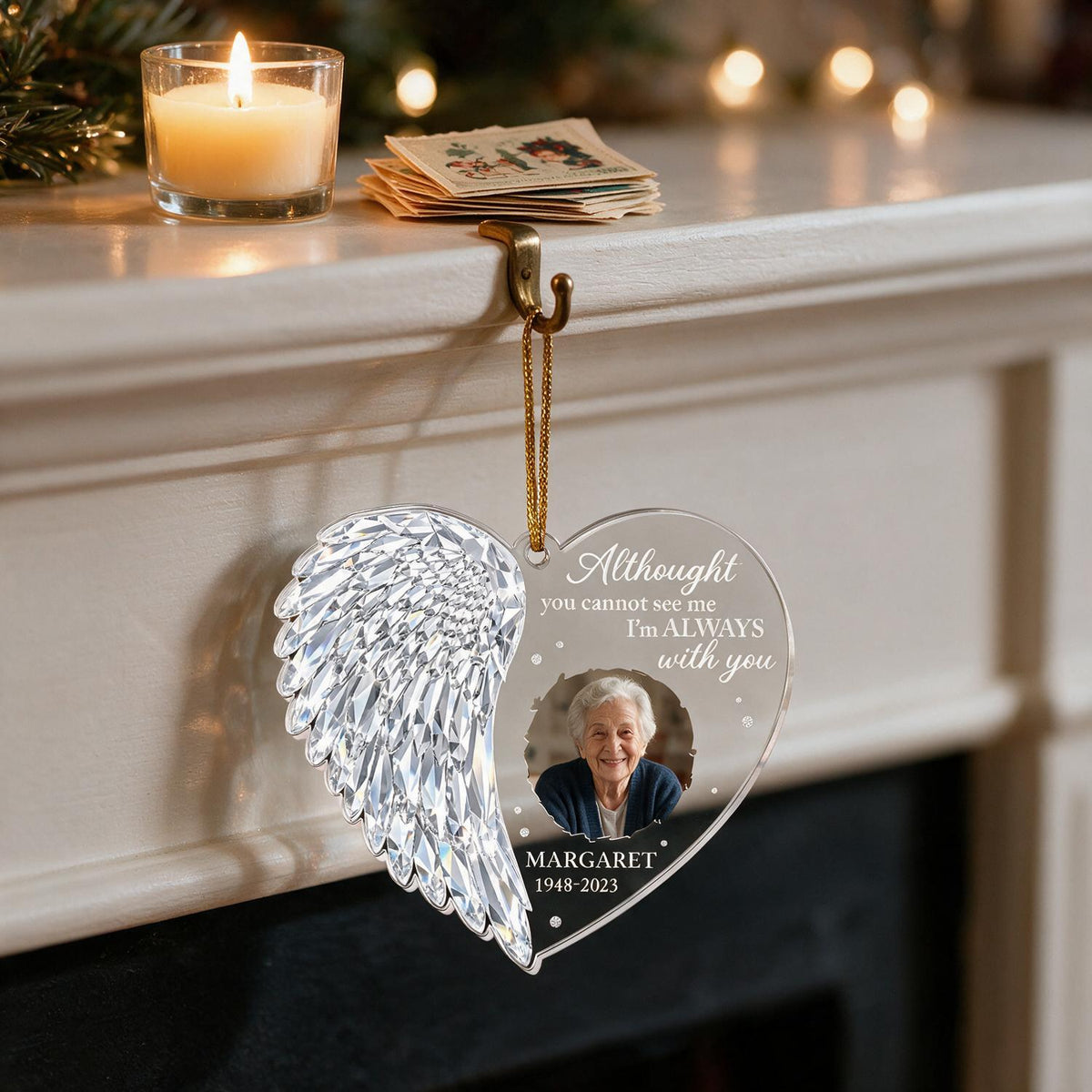 Personalized Christmas Crystal Wing Heart Memorial Photo Ornament - Sympathy Keepsake Gift
