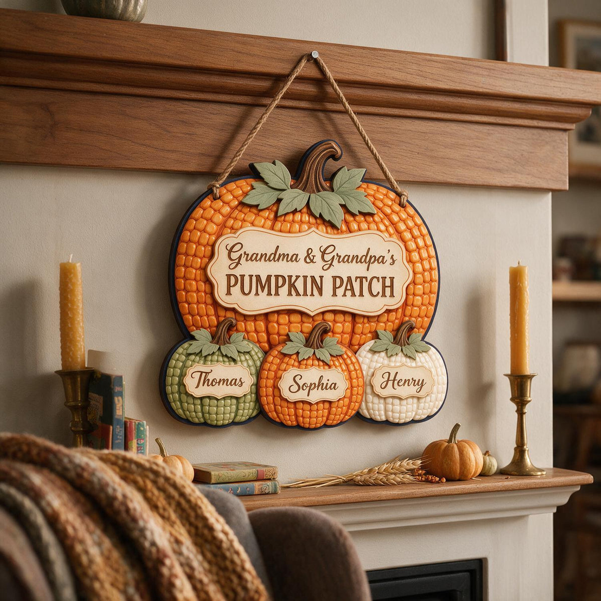 Personalisierte Herbst Kürbis Patch Holzschild für Großeltern, Individuelle Familiennamen Herbst Wanddekoration
