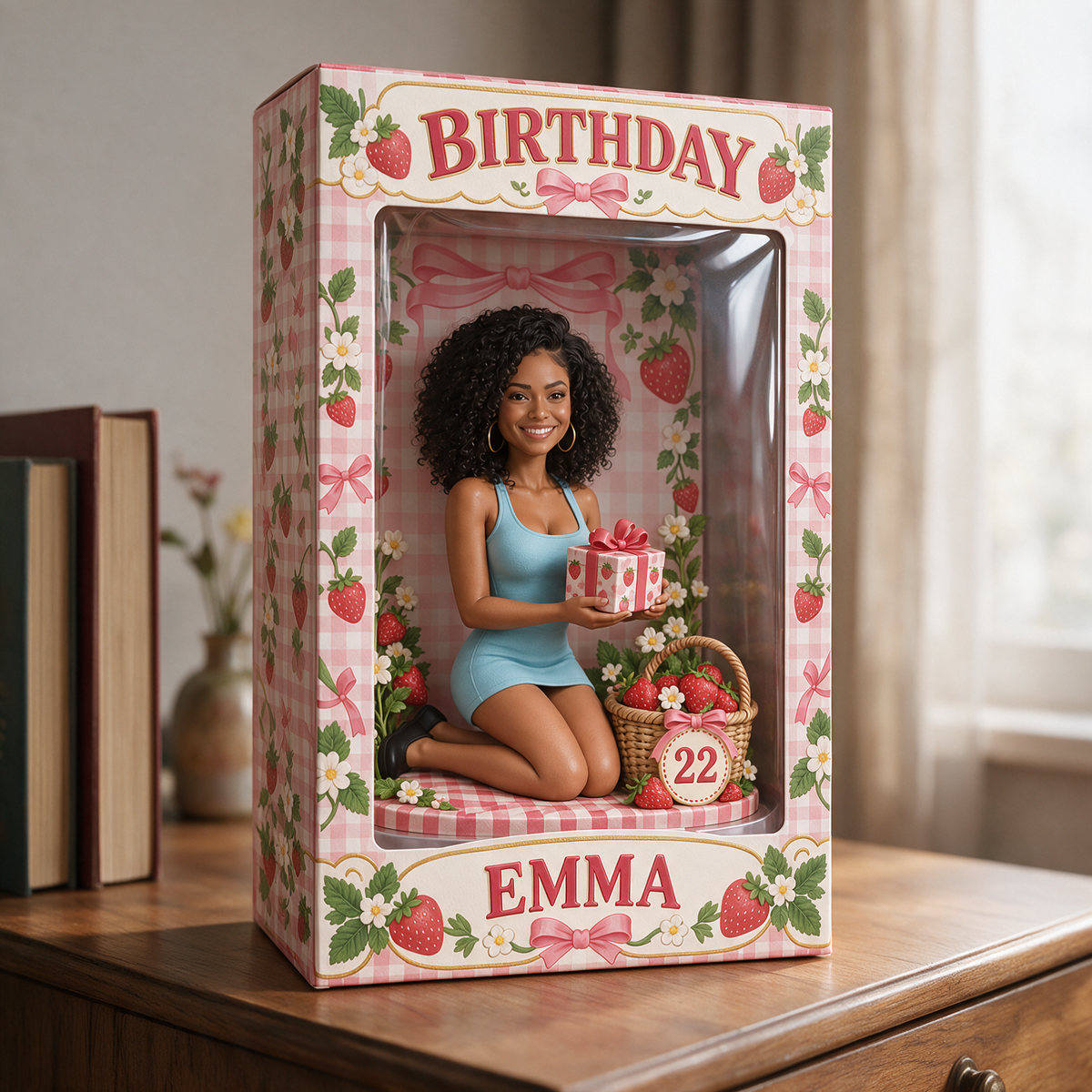 Personalized Birthday Window Box - Strawberry Portrait Figurine, Name and Age