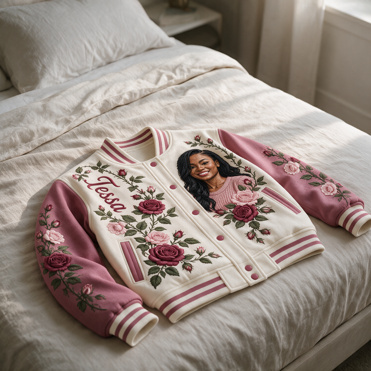 Personalized Rose Varsity Jacket - Women's Embroidered Portrait Design