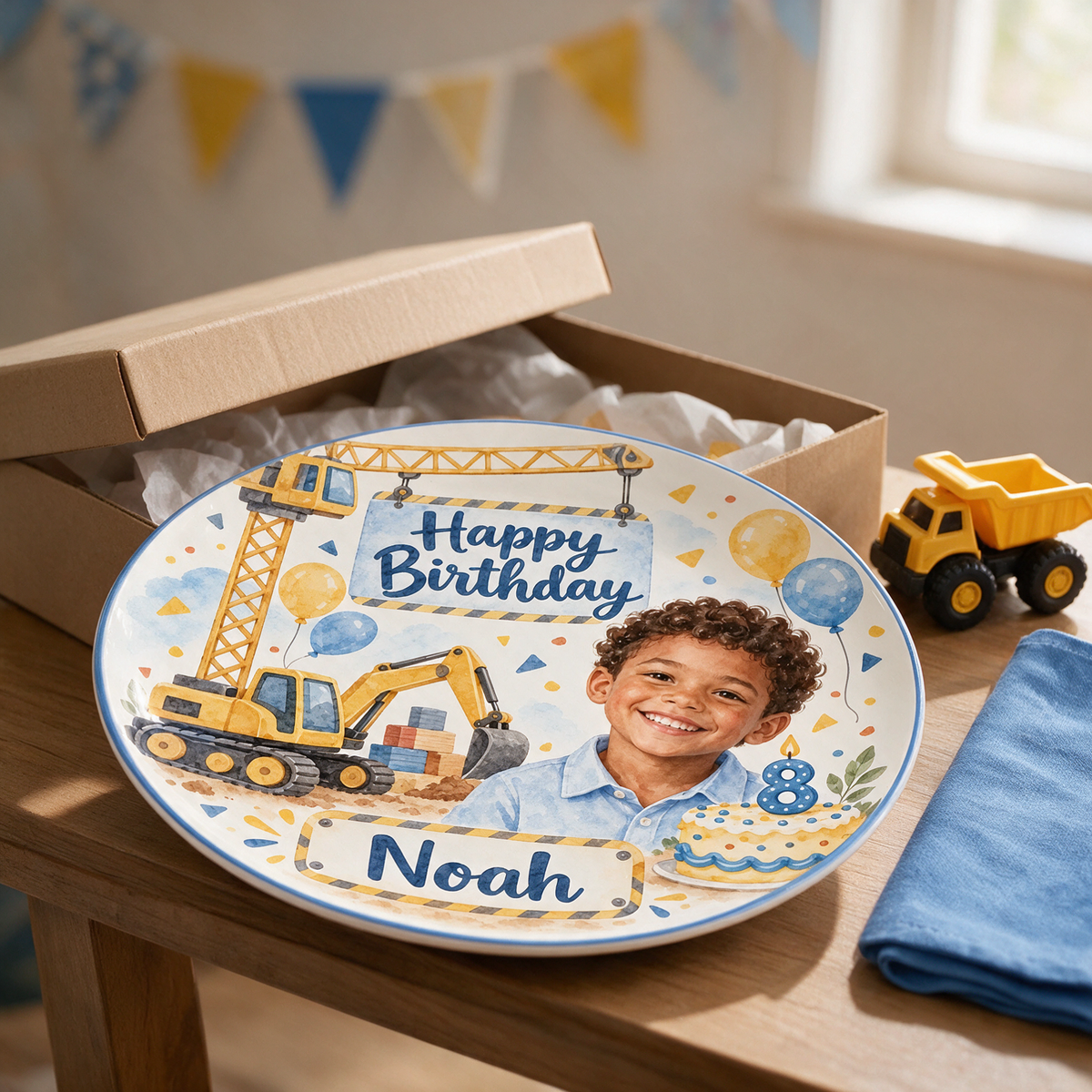 Personalized Construction Ceramic Plate - Birthday Watercolor Portrait, Custom Name and Age