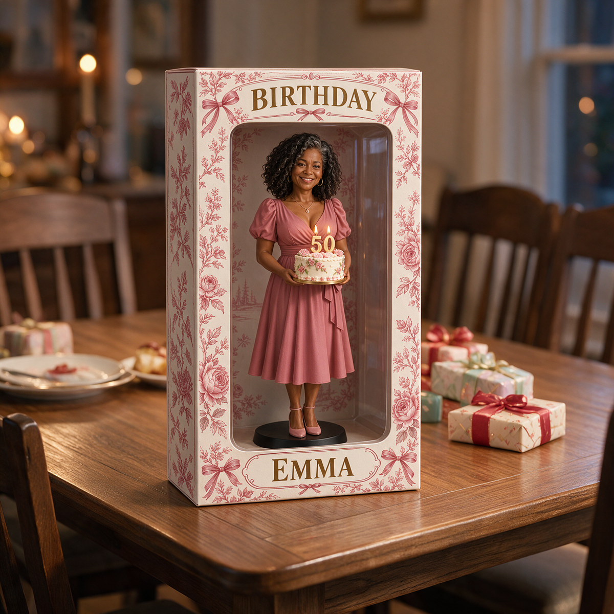 Personalisierte Fotofigurinen-Displaybox in Pink - 50. Geburtstagsgeschenk für Frauen