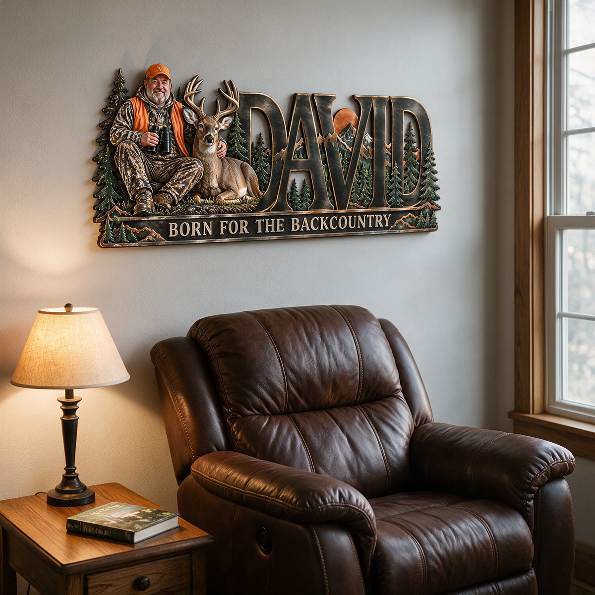Personalisierte Jagd Metall-Schild - Individuelles Foto und Namens Wandkunst mit Wald- und Bergdesign