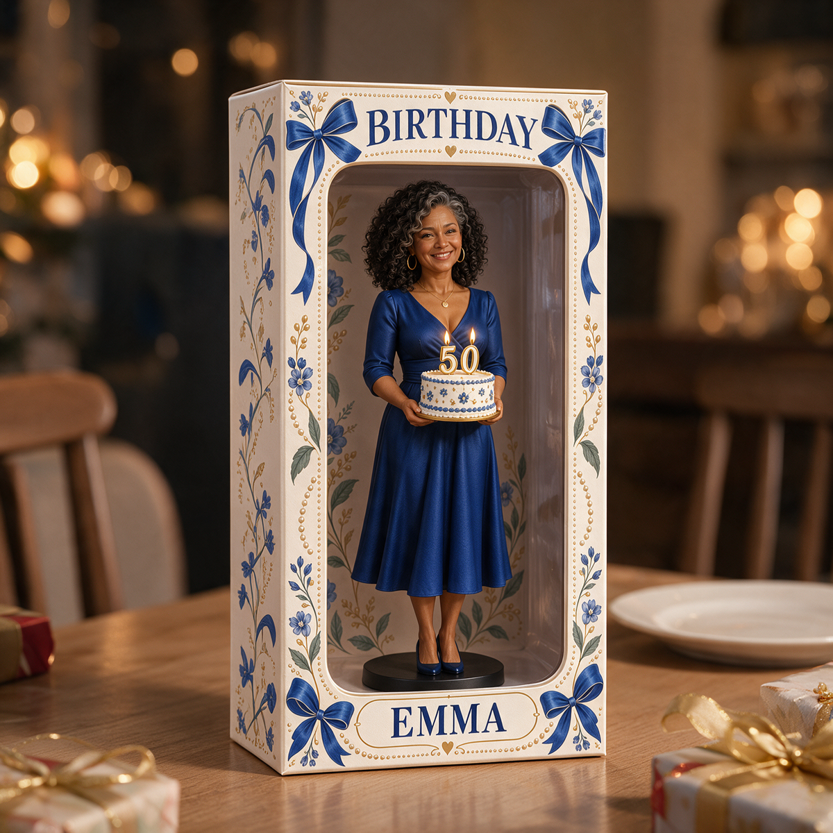 Personalized Custom Photo Blue Ribbon Figurine Display Box - 50th Birthday Gift for Women