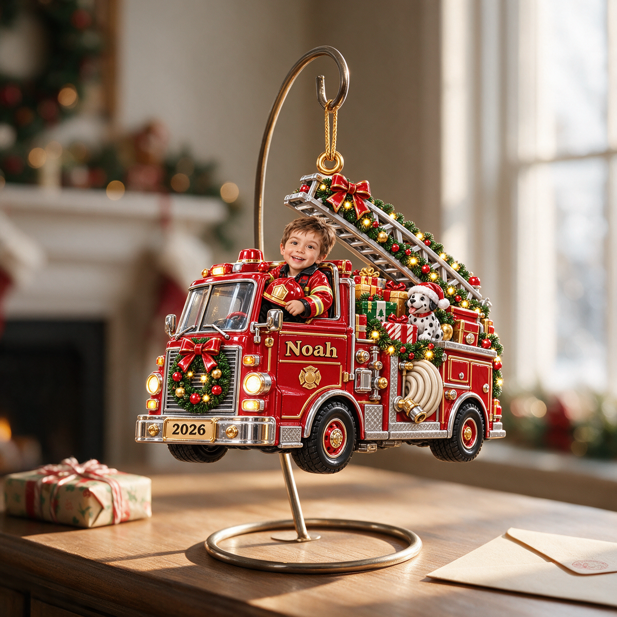 Personalized Custom Photo Fire Truck 3D Ornament - 2026 Christmas Gift for Boys