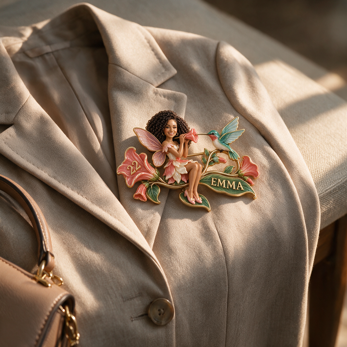 Personalized Flower Fairy Brooch - Birthday Gift with Custom Photo, Name and Age, Hummingbird and Trumpet Flowers