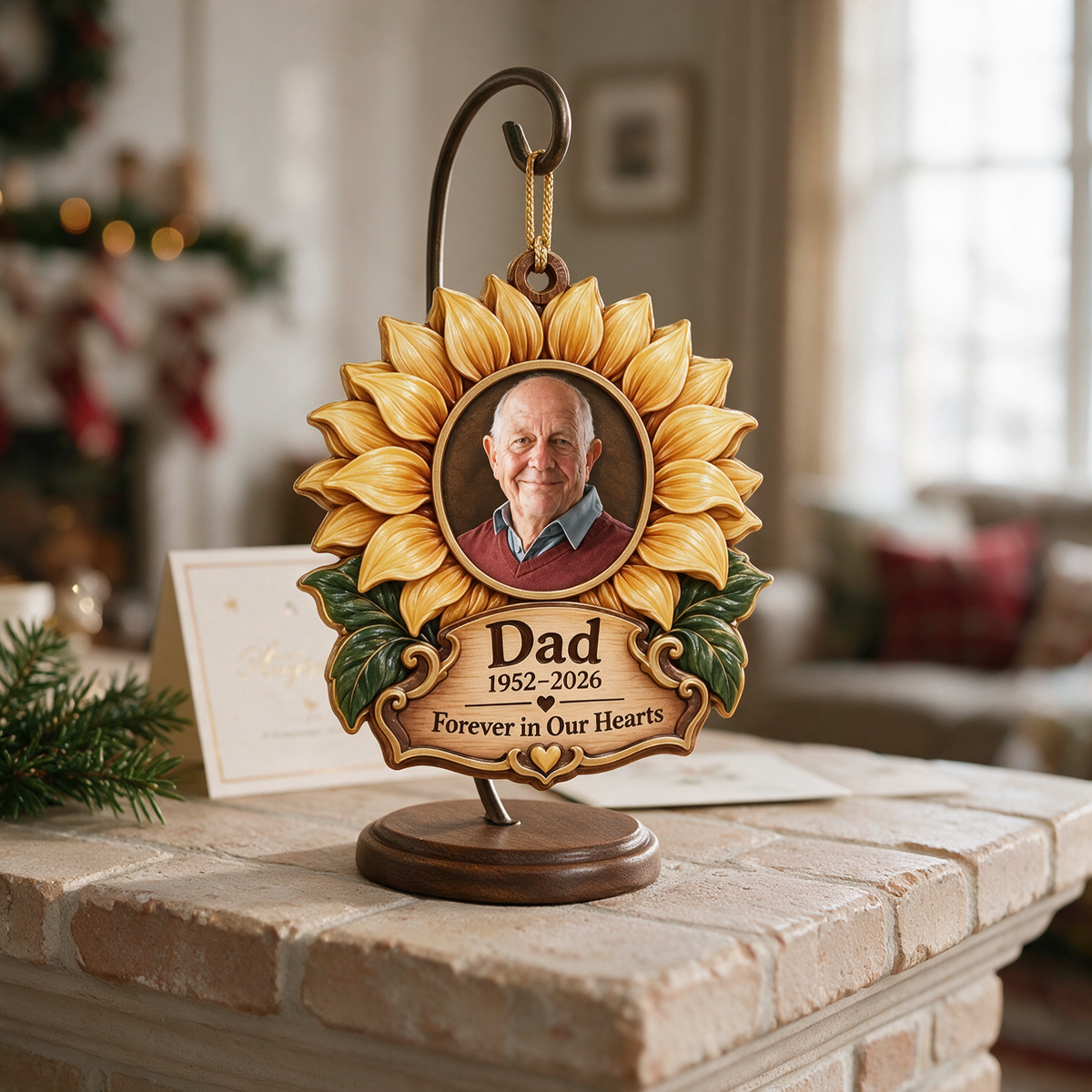 Personalized Custom Photo Dad Memorial Sunflower Layered Wood Ornament - Christmas Remembrance Keepsake