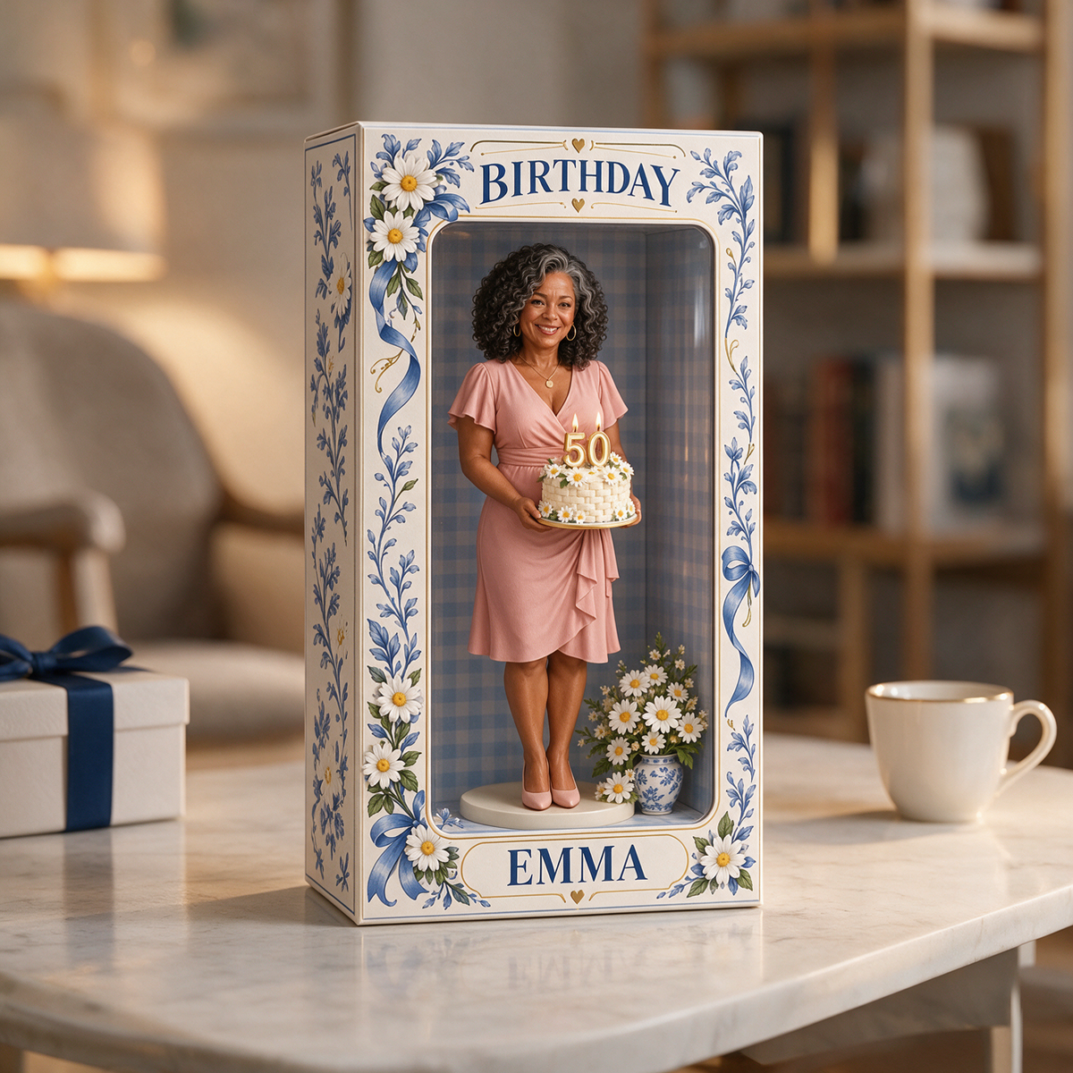 Personalized Custom Photo Blue Daisy Figurine in Acrylic Display Box - 50th Birthday Gift for Women