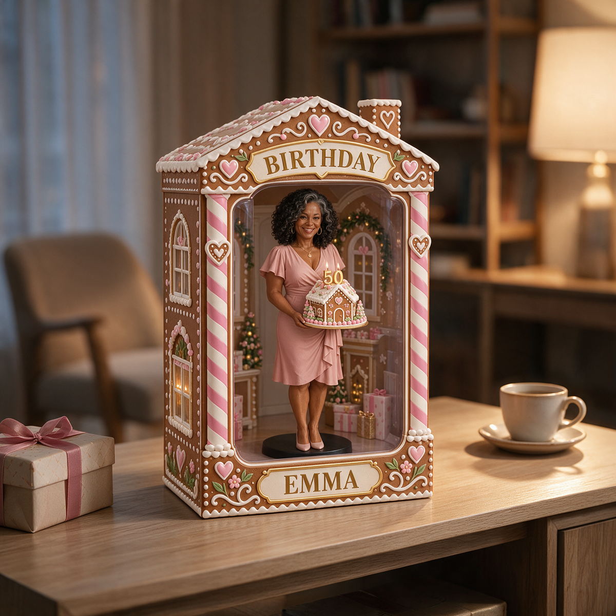 Personalized Custom Photo Gingerbread House Figurine in Acrylic Display Box - 50th Birthday Gift for Women