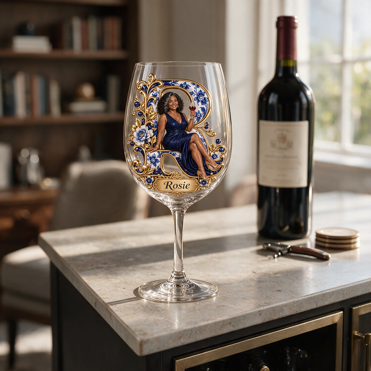 Personalized Custom Photo Blue Floral Wine Glass - Gift for Older Women