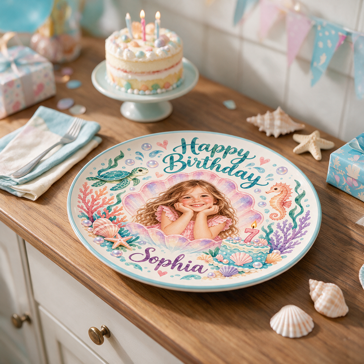 Personalized Birthday Ceramic Round Plate - Ocean Watercolor Portrait Gift