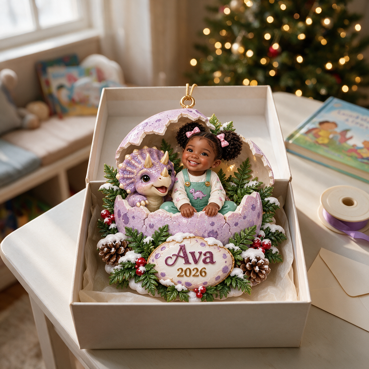 Personalized Custom Photo Dinosaur Egg 3D Ornament - 2026 Christmas Gift for Little Girls