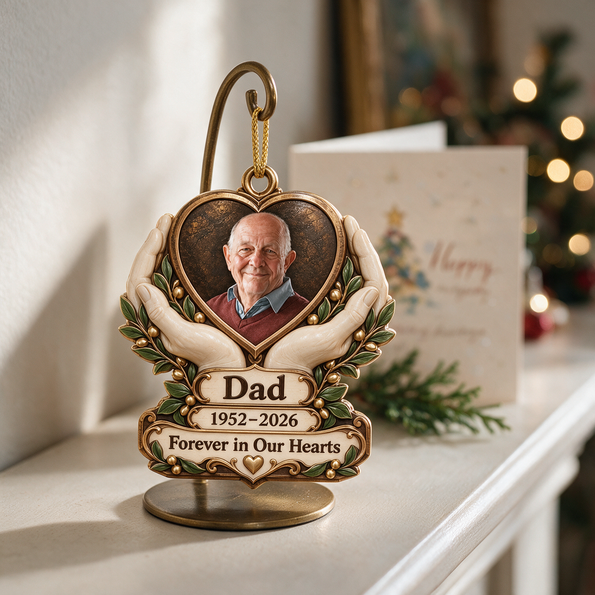 Personalized Custom Photo Dad Memorial Hands Holding Heart 3D Ornament - Christmas Remembrance Keepsake