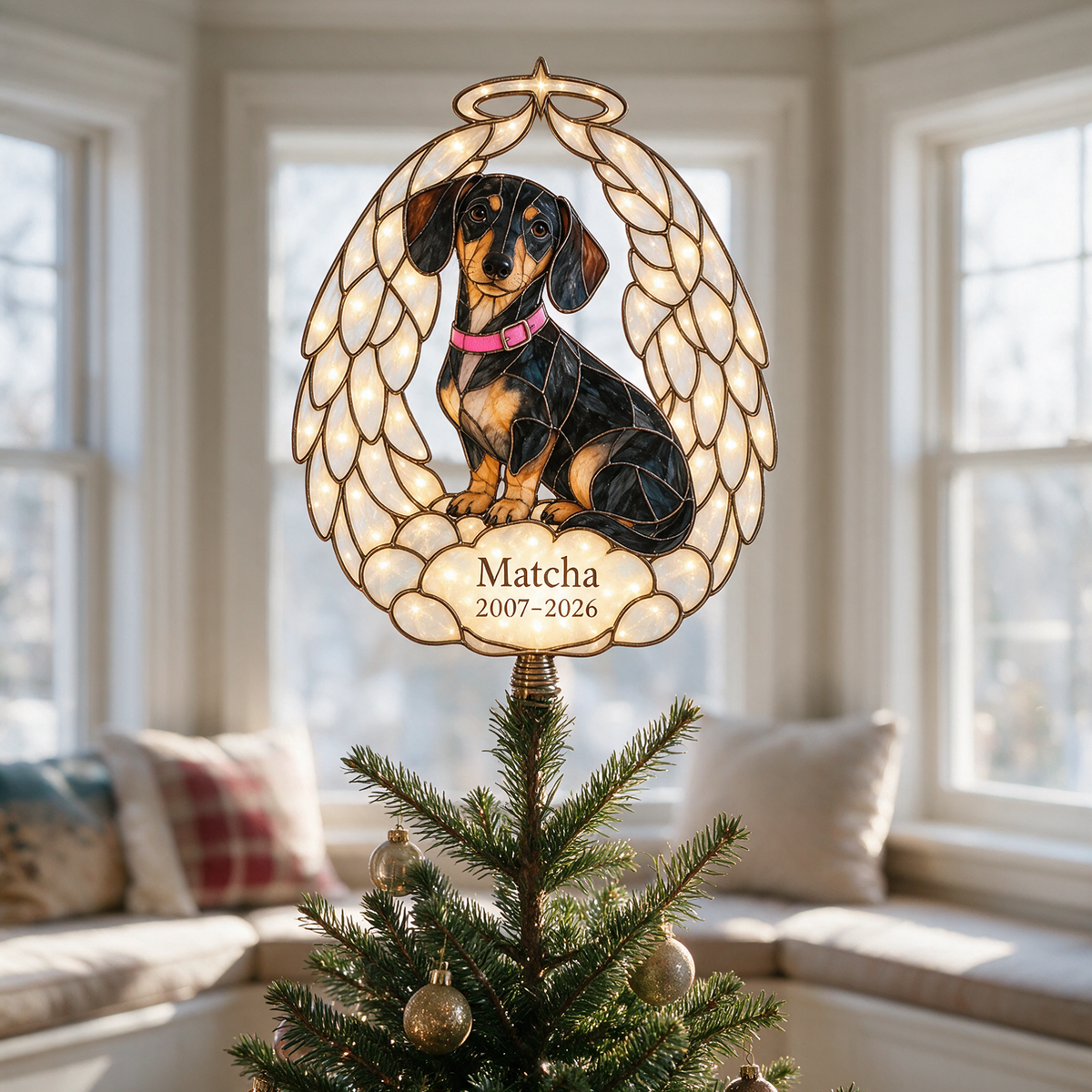 Personalisierte Hundegedenk-Engelsflügel Weihnachtsbaumspitze