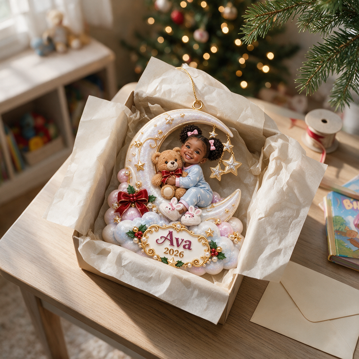 Personalized Custom Photo Crescent Moon and Teddy Bear 3D Ornament - 2026 Christmas Gift for Little Girls