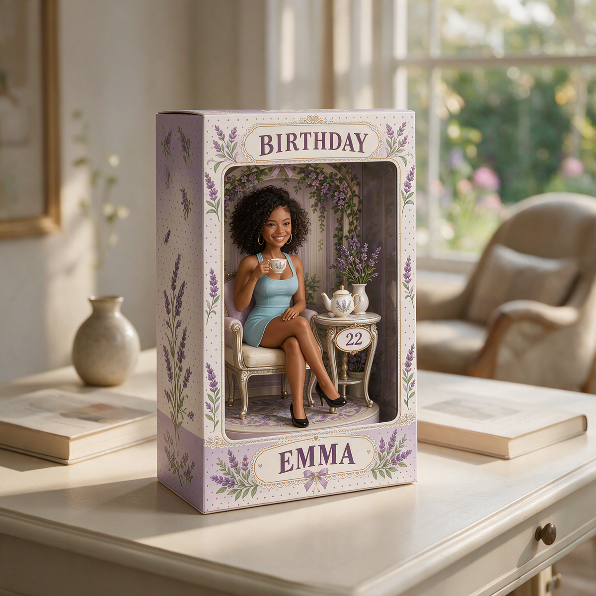 Personalisierte Geburtstagsfigurinen-Displaybox - Lavendel-Teeparty-Fotoporträt mit individuellem Namen und Alter