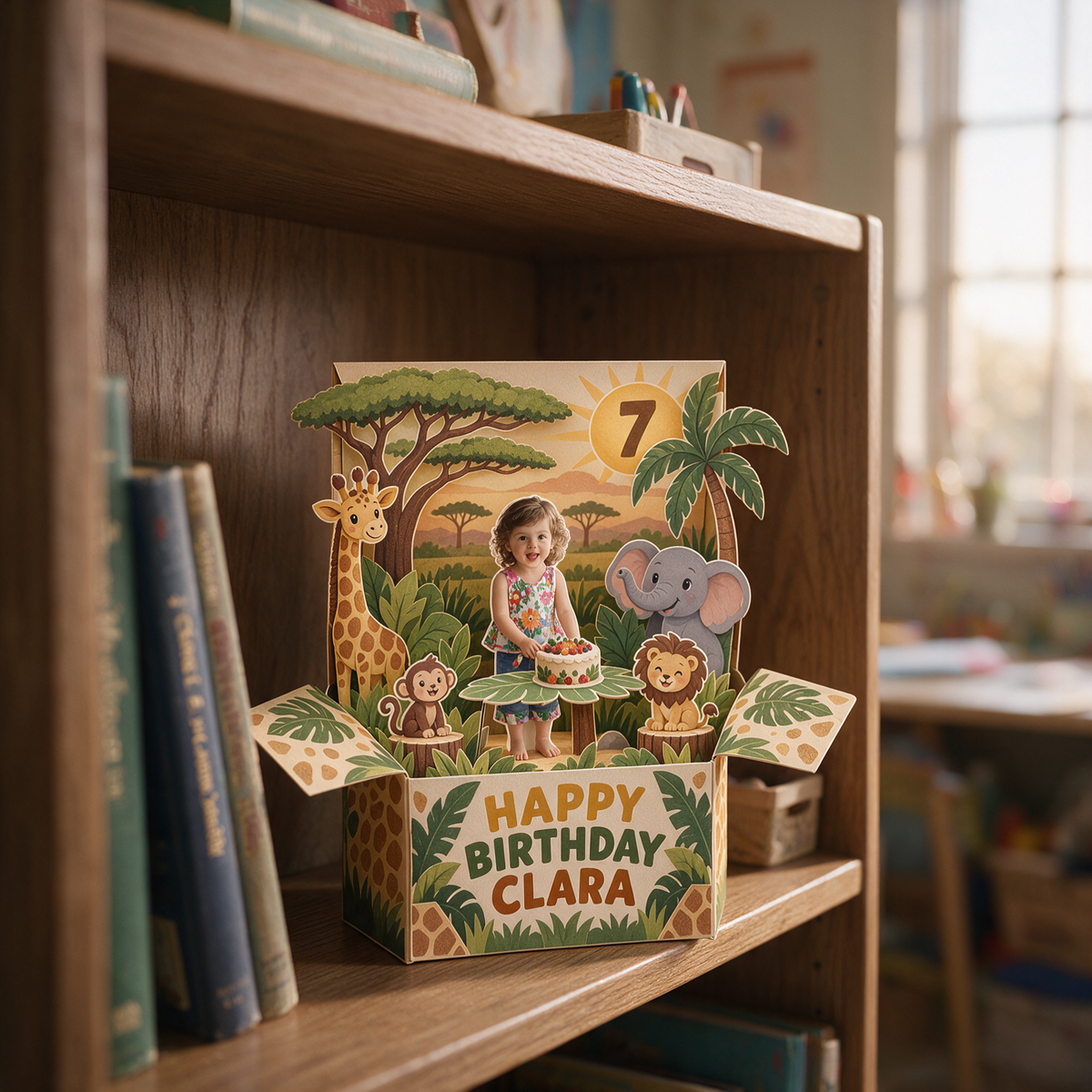 Personalized Safari Birthday Pop Up Box Card - Custom Photo, Name and Age Keepsake