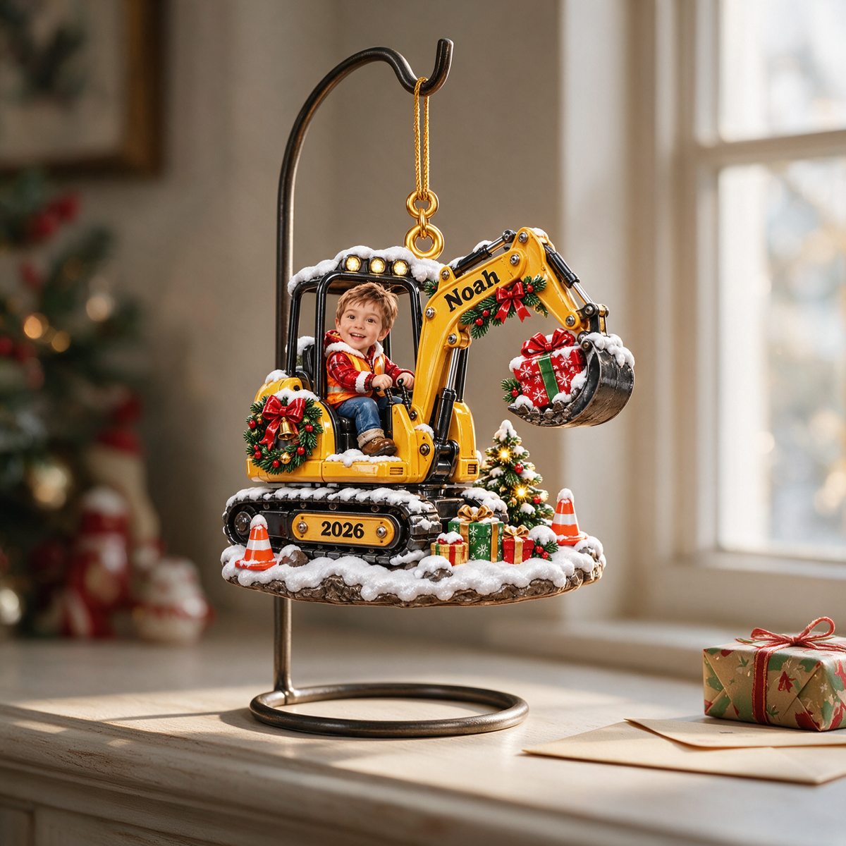 Personalized Custom Photo Excavator 3D Ornament - 2026 Christmas Gift for Boys