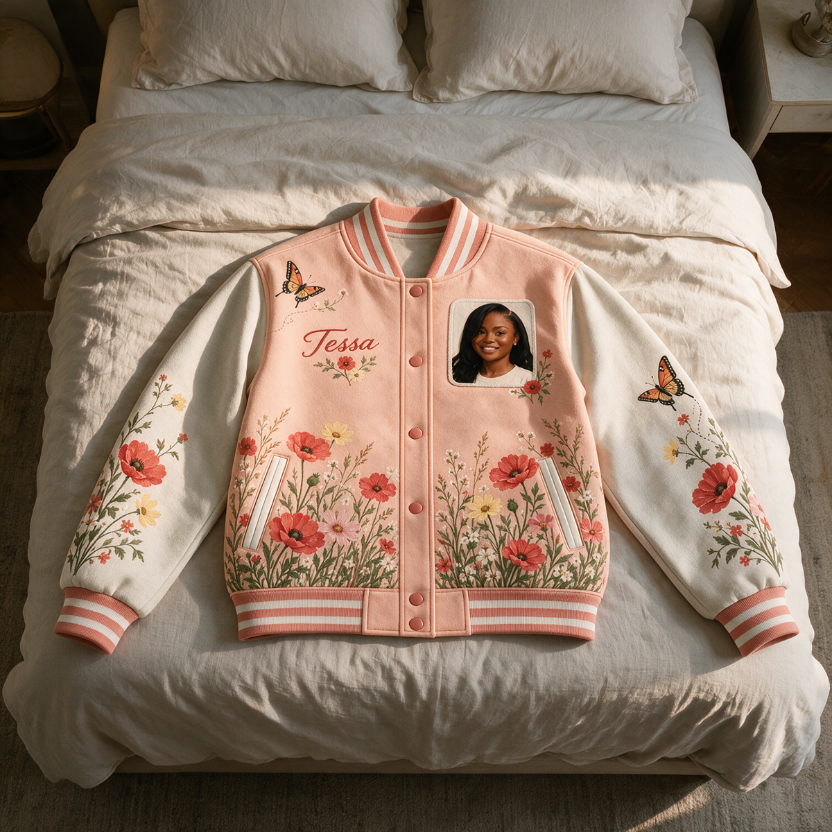 Personalized Poppy Meadow Varsity Jacket - Women's Photo and Name Botanical Design