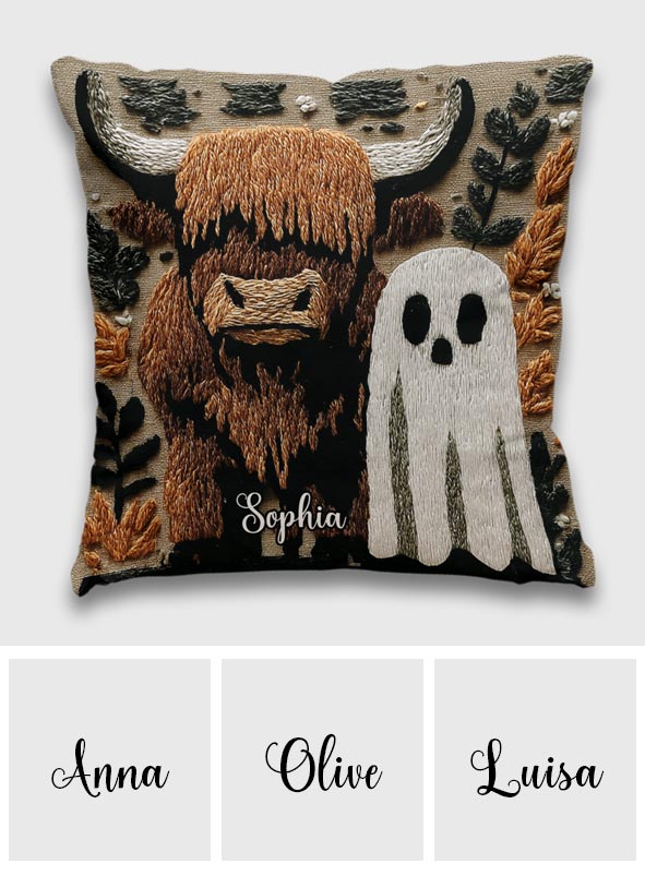 Coussin décoratif personnalisé « Vache des Highlands fantôme »