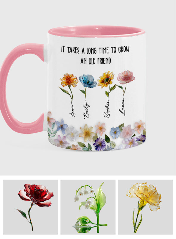 Es dauert lange, bis eine alte Freundschaft wächst – personalisierte Tasse mit dem Aufdruck „Beste Freundin“.
