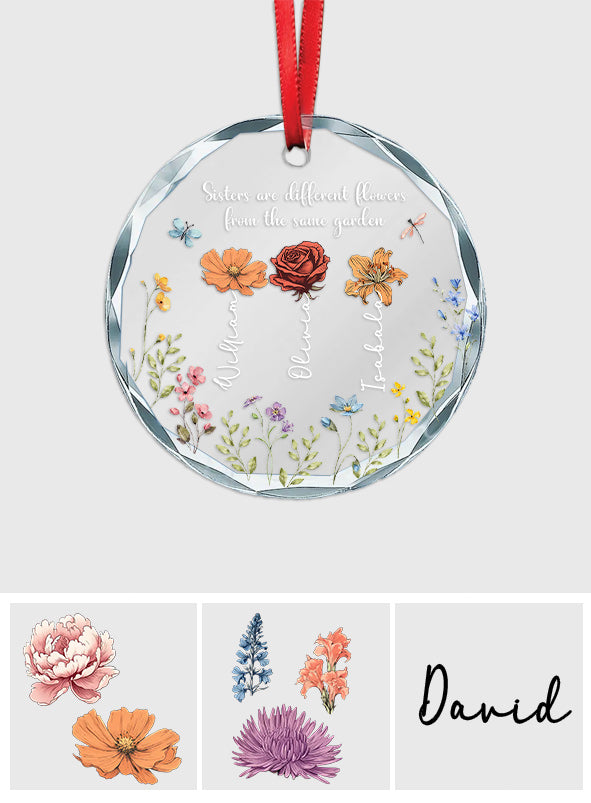 Colorful Garden Flowers - Personalized Sibling Round Shaped Glass Ornament