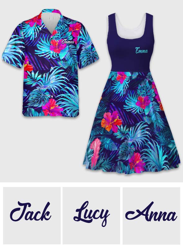 Tropical Leaf Hibiscus Flowers Matching Hawaii Beach Outfit For Co~es - Personalized Couple Hawaiian Shirt & Sleeveless Dress