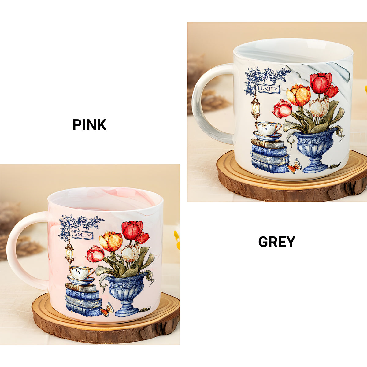 Nostalgic Tulips, Books, And Tea - Personalized Book Marble Mug