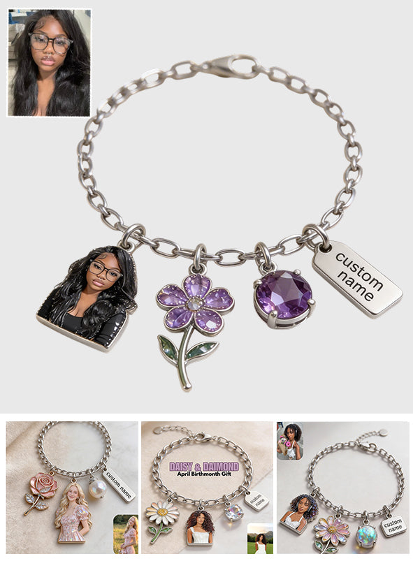 Custom Any Birthmonth Flower & Birthstone From Any Photo - Personalized Birth Month Flower Bracelet With Charms