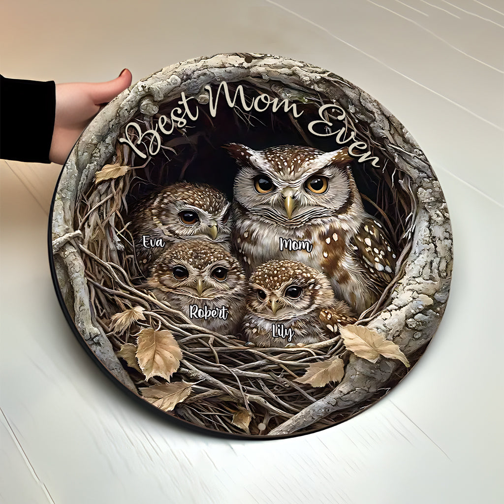 Best Owl Mom Ever - Personalized Mother Round Wood Sign