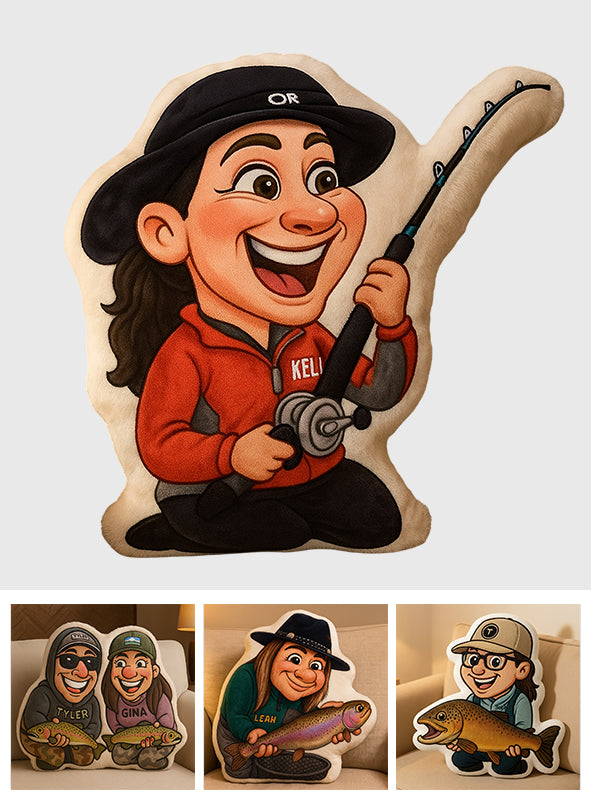 Cartoonish Caricature Fishing Gift - Personalized Fishing Faux Fur Shaped Pillow