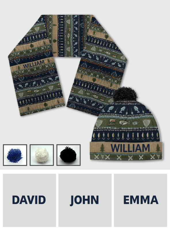 Fishing - Personalized Fishing Knitted Beanie Hat and Scarf Set