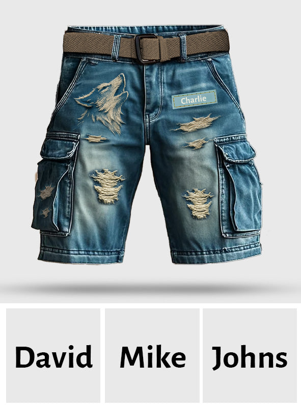 Cool Distressed Howling Wolf - Personalized Wolf Cargo Shorts With Belt