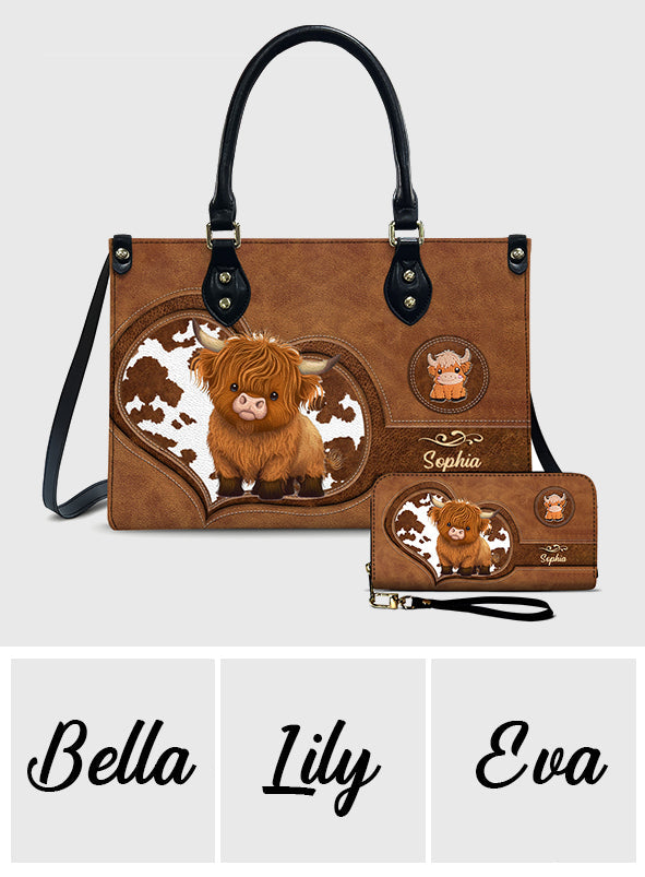 Love Highland Cow - Sac à main et portefeuille long en cuir de vache des Highlands personnalisés