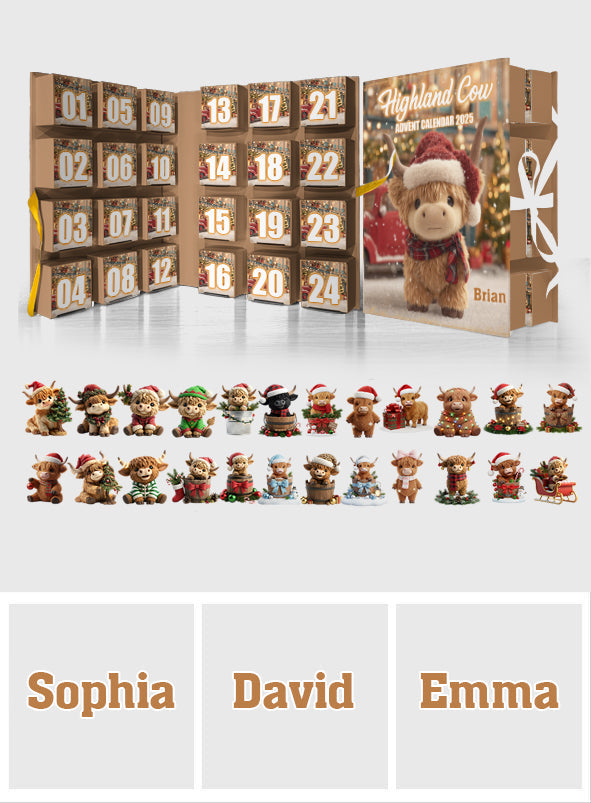 Weihnachtliches Hochlandrind – Personalisierter Adventskalender mit Hochlandrind-Motiv und Ornamenten