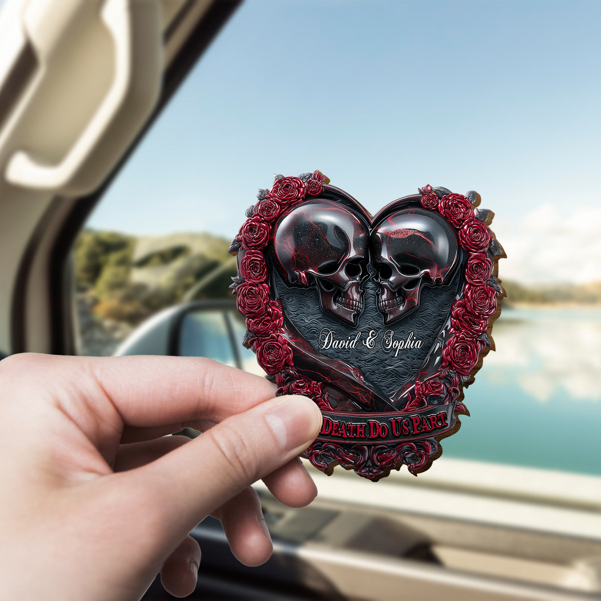 Till Death Do Us Part - Personalized Skull Shaped Car Visor Clip