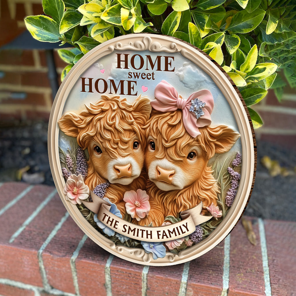 Home Sweet Home, Cute Baby Highland Cow - Personalized Family Round Wood Sign