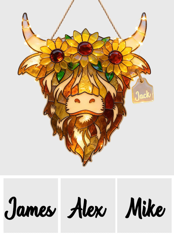 Vache des Highlands avec tournesols - Panneau lumineux LED personnalisé en acrylique représentant une vache des Highlands