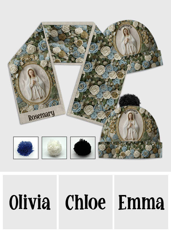 Our Lady's Rose - Personalized Christian Knitted Beanie Hat and Scarf Set