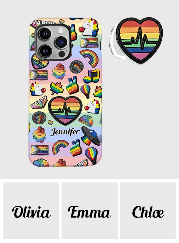 Coque de téléphone et support pour téléphone personnalisés « Arc-en-ciel de la fierté » avec impression intégrale, en soutien à la communauté LGBT.
