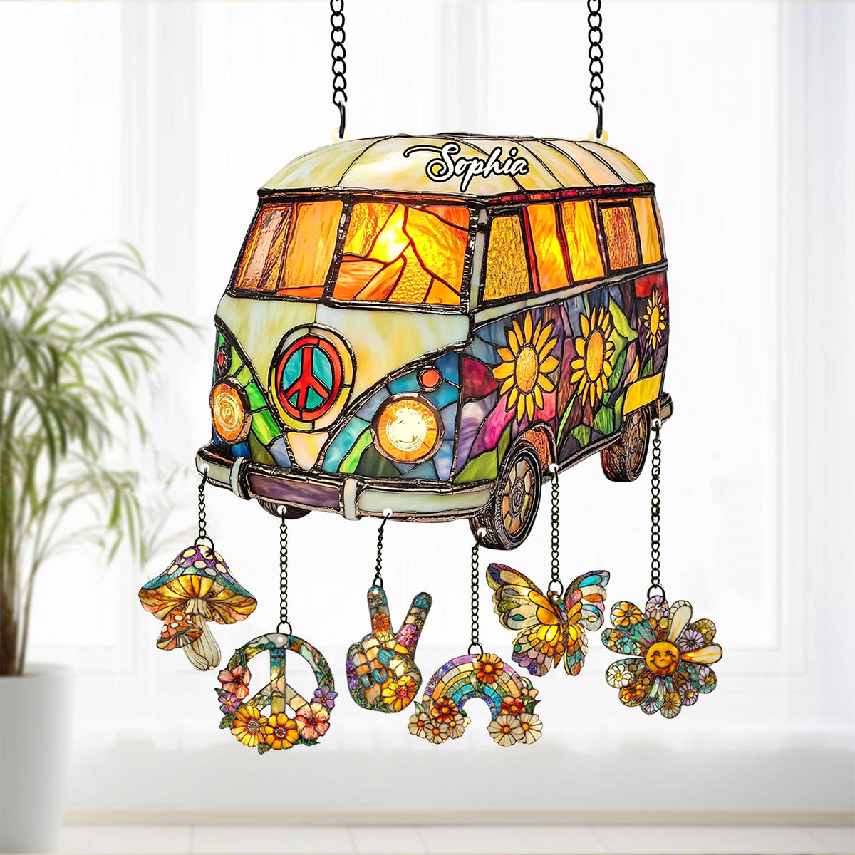 Hippie Caravan - Personalized Hippie Window Hanging Suncatcher With Charms