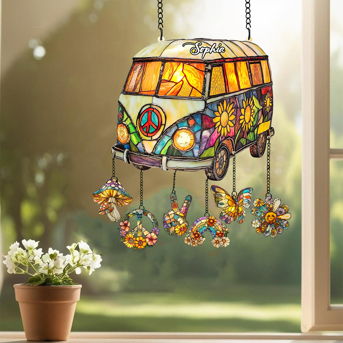 Hippie Caravan - Personalized Hippie Window Hanging Suncatcher With Charms
