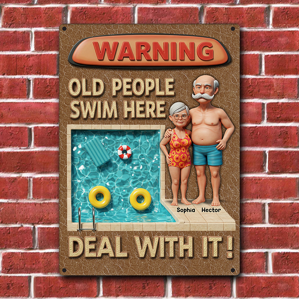 Warning Old People Swim Here - Personalized Couple Rectangle Metal Sign