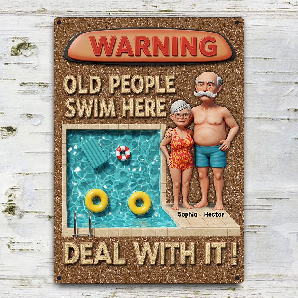 Warning Old People Swim Here - Personalized Couple Rectangle Metal Sign