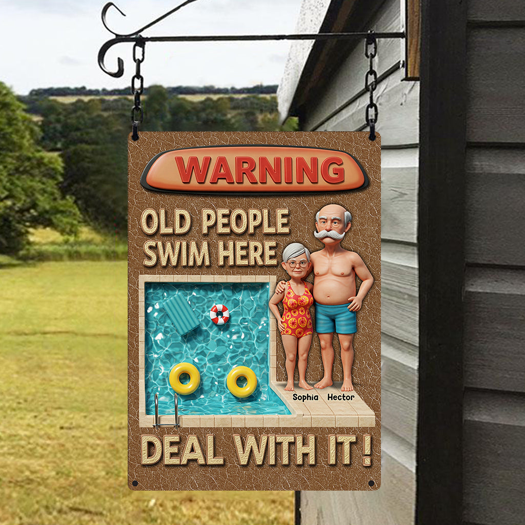 Warning Old People Swim Here - Personalized Couple Rectangle Metal Sign