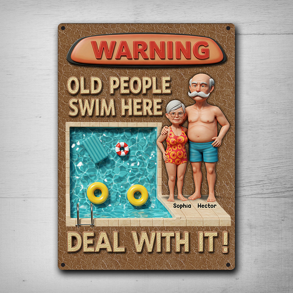 Warning Old People Swim Here - Personalized Couple Rectangle Metal Sign